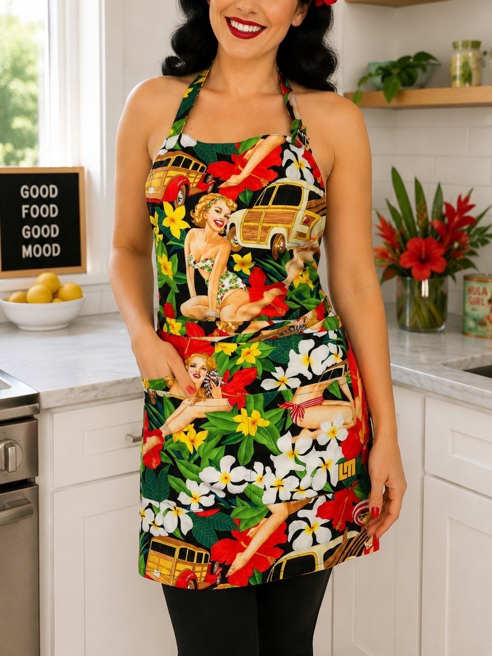 Loudmouth Tropical Pinup Apron Retro Woody Car Hawaiian Cotton Blend Fun